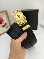 1:1  Montblanc Black Leather Belt with Gold Logo Buckle Rectangle Buckle  with Patterns 3.5cm
